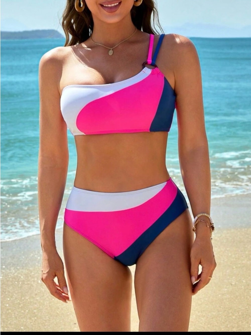 One-Shoulder Bikini Set in Pink, White & Navy